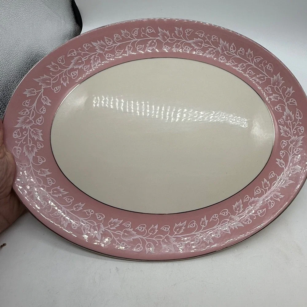 Flintridge China Pink White Floral Vine Oval Serving Platter California MCM‎ Vtg